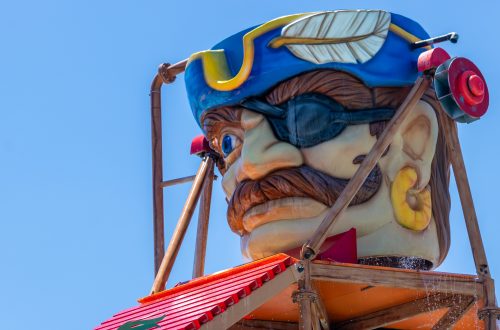 Giant pirate head that is also a giant bucket of water
